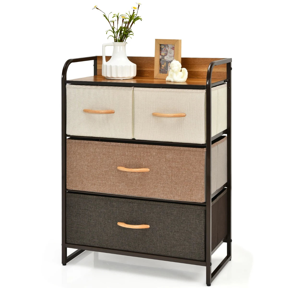 4-Drawer Tower Steel Frame Wooden Top Dresser Storage with 3-Tier Organizer