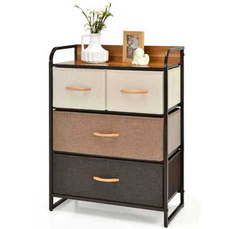 4-Drawer Tower Steel Frame Wooden Top Dresser Storage with 3-Tier Organizer