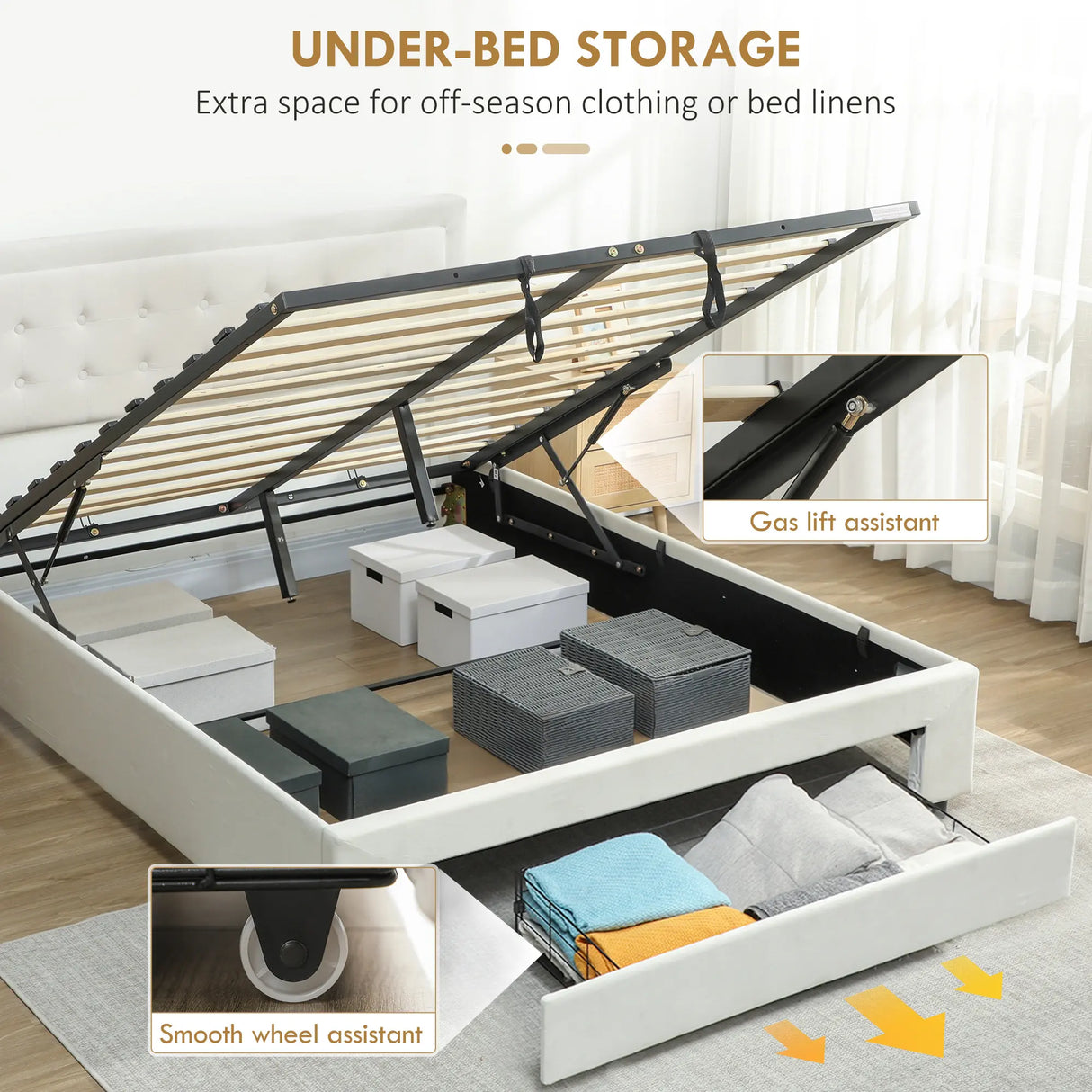 HOMCOM Double Ottoman Bed Frame, with Front Drawer - Cream
