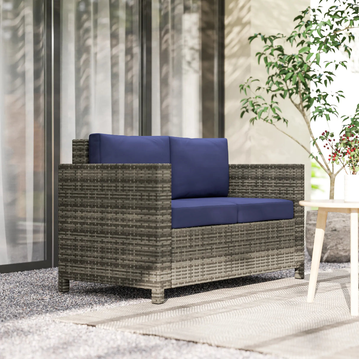 Outsunny Rattan Sofa, 2 Seater Garden Furniture with Soft Padded Cushion and Armrests, Wicker Garden Loveseat for Patio, Navy Blue