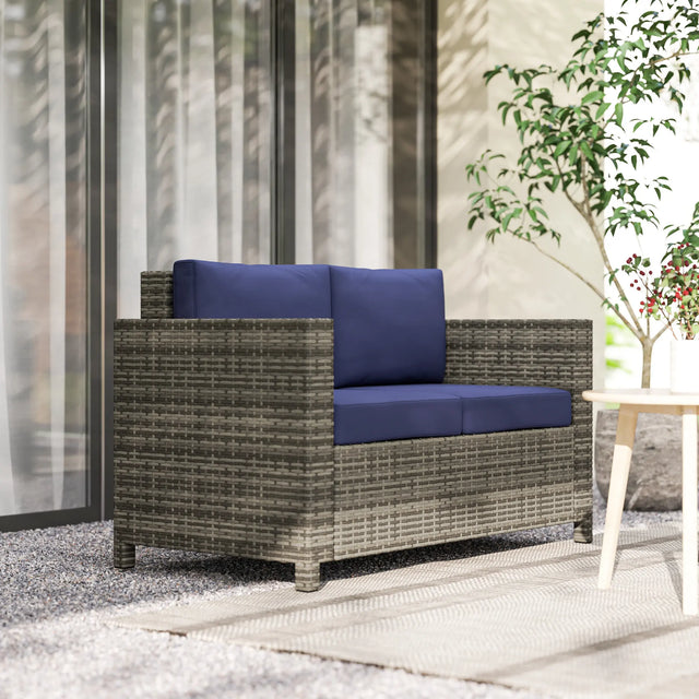 Outsunny Rattan Sofa, 2 Seater Garden Furniture with Soft Padded Cushion and Armrests, Wicker Garden Loveseat for Patio, Navy Blue