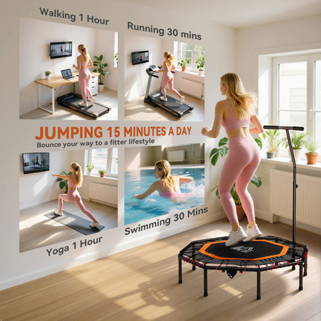 HOMCOM Fitness Trampoline, Bouncer with Adjustable Handle, Max Load 150 kg
