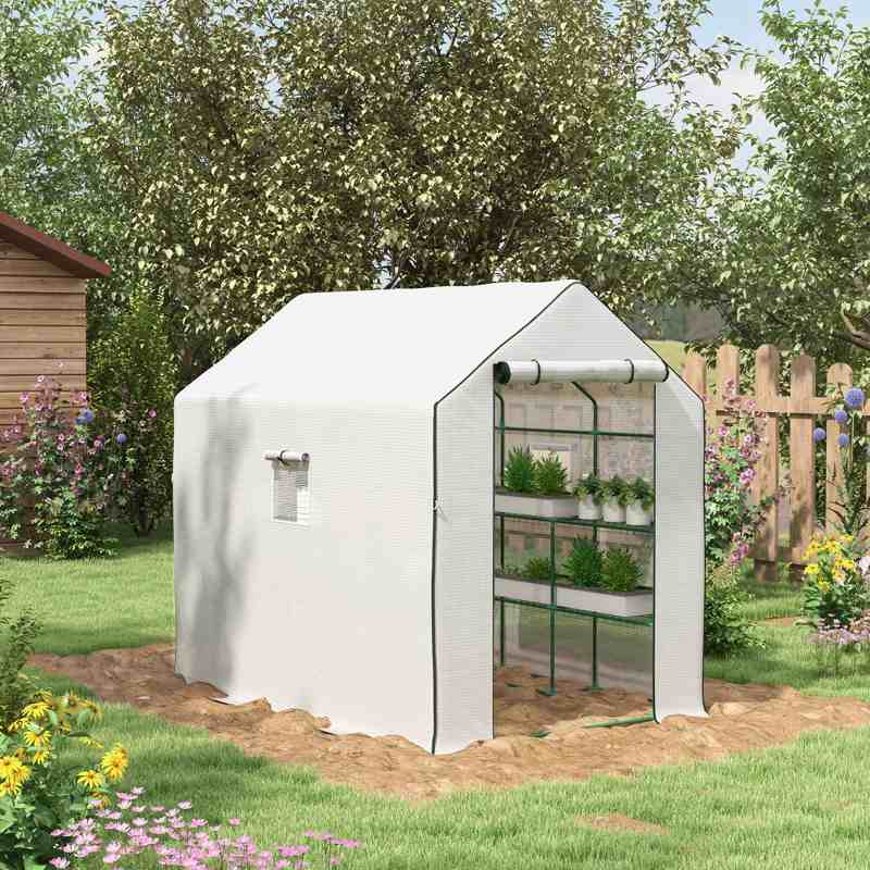 Outsunny Walk-in Greenhouse with 3 Tier Shelves, Outdoor Green House Garden Grow House with Reinforced PE Cover, Roll-up Door and Mesh Windows, 140 x 213 x 190cm, White