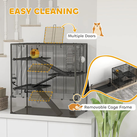 PawHut Four-Tier Hamster Cage with Deep Tempered Glass Bottom, Hut, Running Wheel, Food Dish, Water Bottle, 78.5 x 48.5 x 80cm