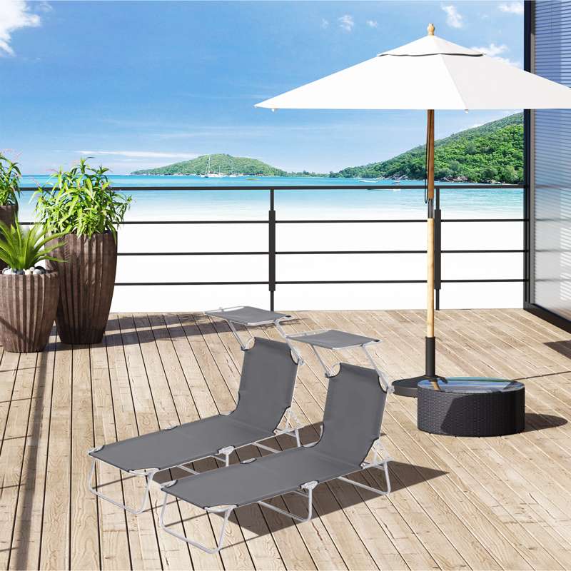 Outsunny 2 Pieces Outdoor Foldable Sun Lounger, 4 Level Adjustable Backrest Reclining Sun Lounger Chair with Angle Adjust Sun Shade Awning for Beach, Garden, Patio, Dark Grey