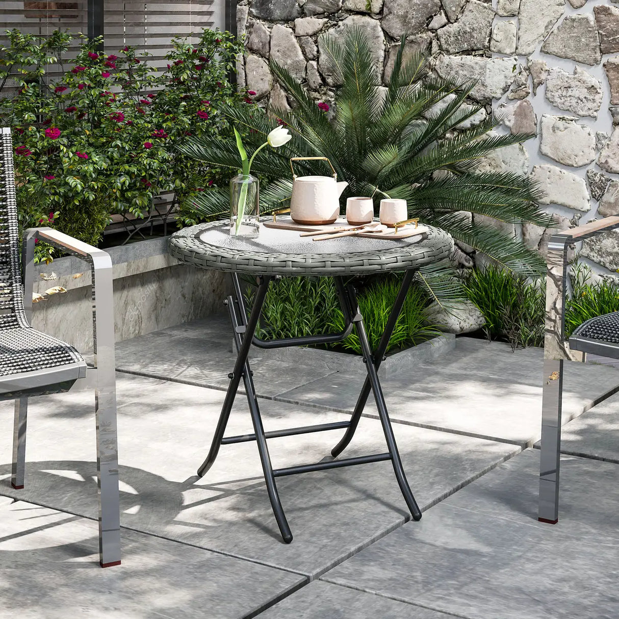 Outsunny Folding Rattan Garden Dining Table, 68 cm Round Rattan Garden Table with Water Ripple Tempered Glass Top, Wicker Edging  and Steel Frame for Outdoor, Patio, Grey