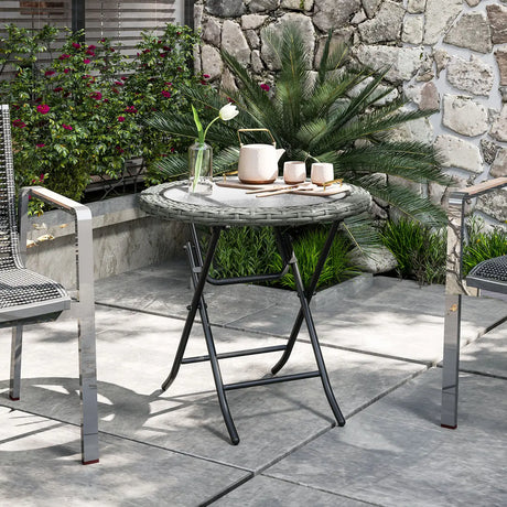 Outsunny Folding Rattan Garden Dining Table, 68 cm Round Rattan Garden Table with Water Ripple Tempered Glass Top, Wicker Edging  and Steel Frame for Outdoor, Patio, Grey