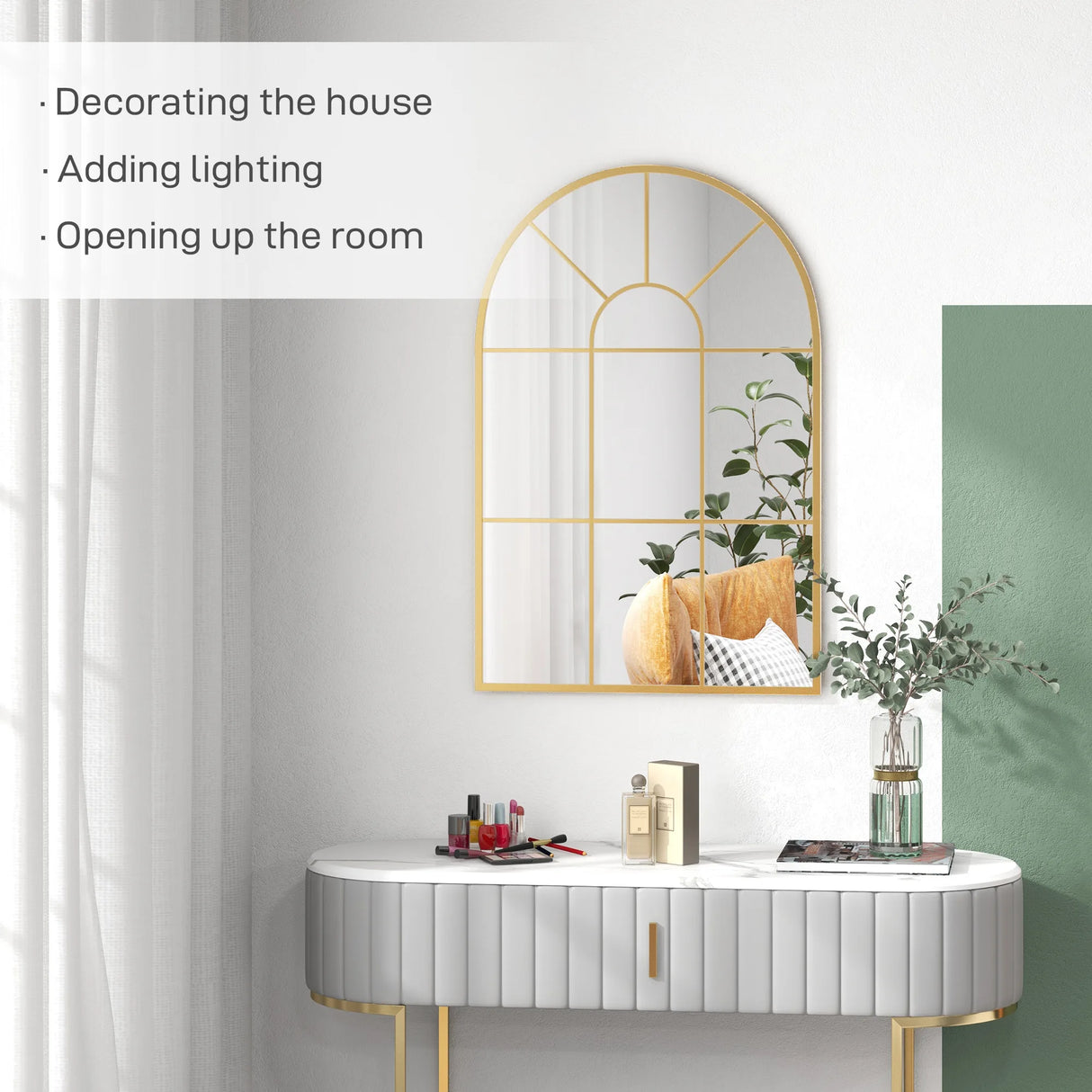 HOMCOM 90 X 61cm Arched Grid Mirror - Gold Tone