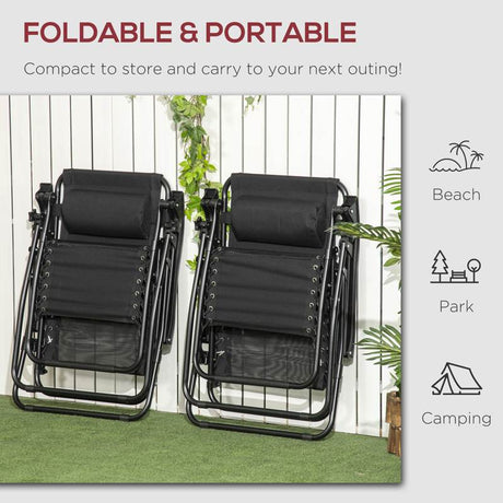 Outsunny Garden Recliner Chairs Set of 2, Outdoor Foldable Zero Gravity Chairs Set w/ Footstool and Detachable Headrest, Black