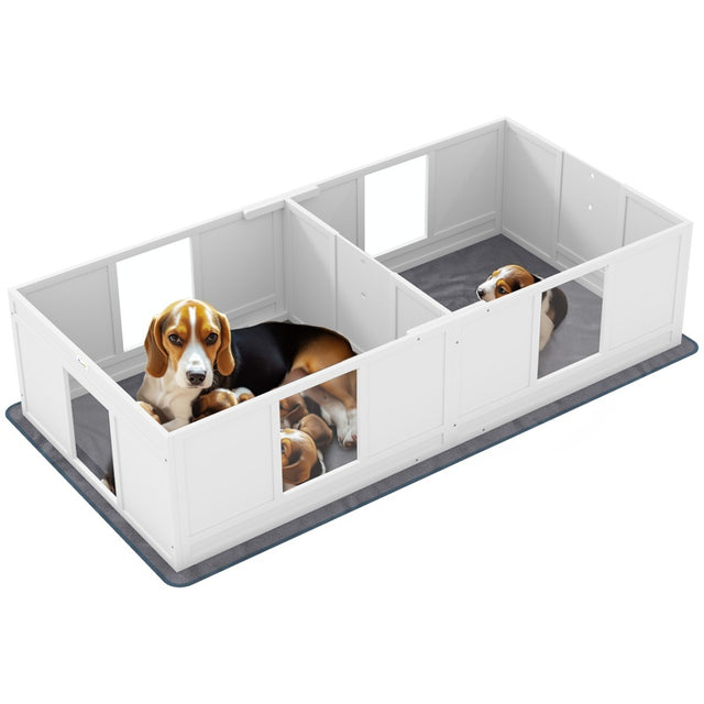 PawHut Two Room Design, Whelping Box for Dogs with Whelping Pad, Clear Panels, Adjustable Entrance, for Medium Dogs, 196 x 96cm