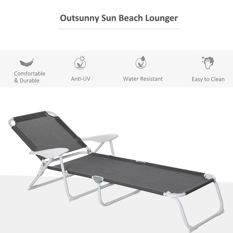 Outsunny Foldable Sun Lounger, Outdoor 4 Level Adjustable Backrest Reclining Lounge Chair with Armrests for Patio, Garden, Dark Grey