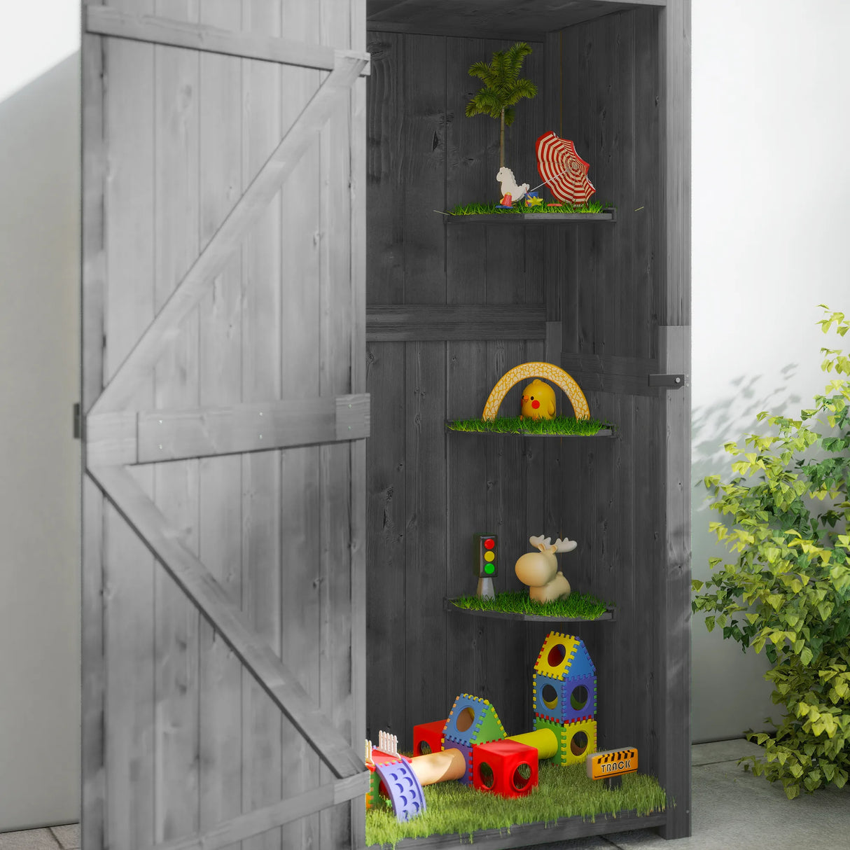 Outsunny Wooden Garden Shed, Utility Outdoor Small Shed with Lockable Double Doors, Shelves and Roof Hatch, Grey