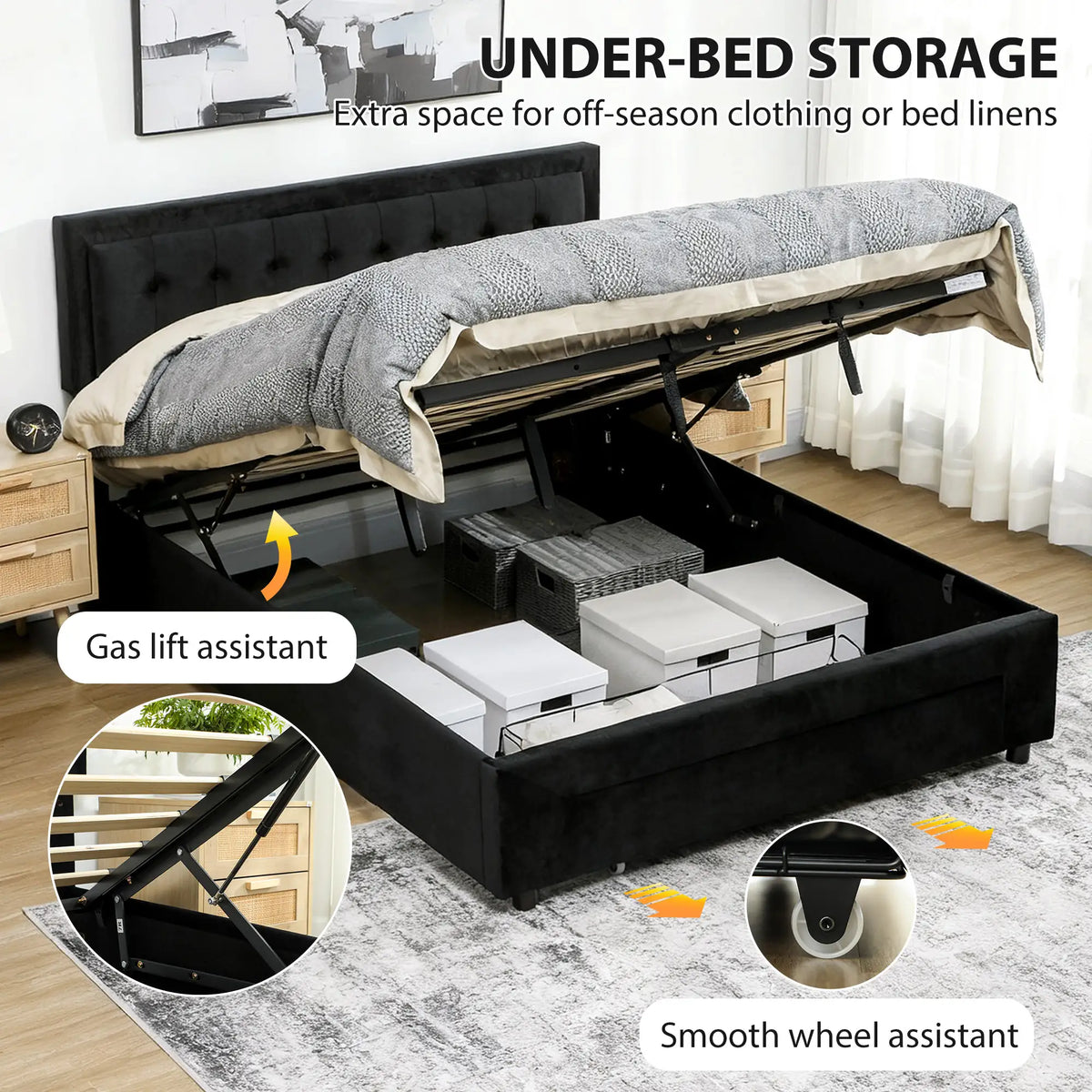 HOMCOM King Size Ottoman Bed Frame, with Front Drawer - Black