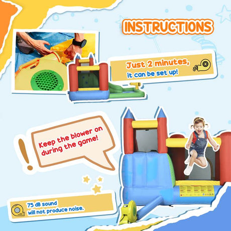 Outsunny Kids Inflatable Bouncy Castle Water Slide 6 in 1 Bounce House Jumping Castle Water Pool Gun Climbing Wall Basketball Hoop with Air Blower for Summer Playland