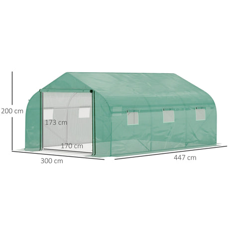 Outsunny Walk-in Polytunnel Garden Greenhouse, Outdoor Mesh Door Greenhouse with PE Cover and 6 Windows, 4.5 x 3 x 2m, Green