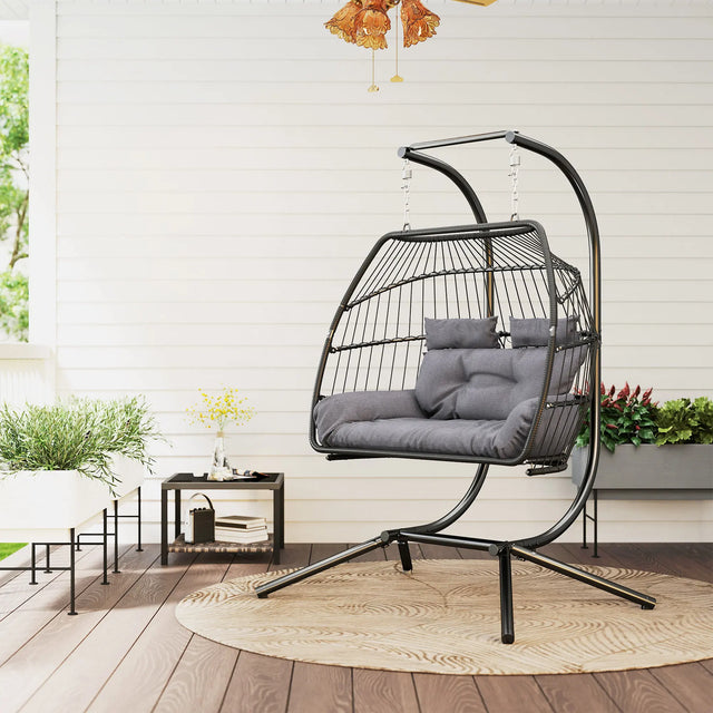 Outsunny Rattan Double Hanging Egg Chair with Stand, Foldable Wicker Swing Egg Chair with Cushion, Head Pillows, Steel Frame, Hammock Chair for Indoor Outdoor, Capacity 260 kg, Dark Grey