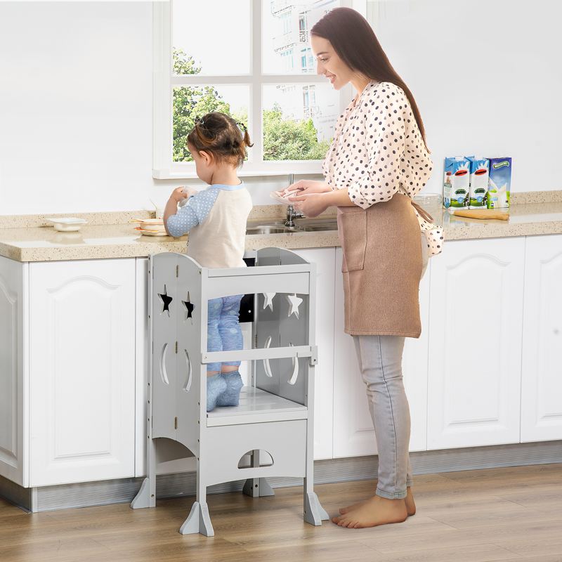 HOMCOM Kids Step Stool Toddler Kitchen Stool with Blackboard Lockable Handrail for Kids Kitchen Counter Grey