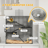 PawHut Four-Tier Hamster Cage with Deep Tempered Glass Bottom, Hut, Running Wheel, Food Dish, Water Bottle, 78.5 x 48.5 x 80cm