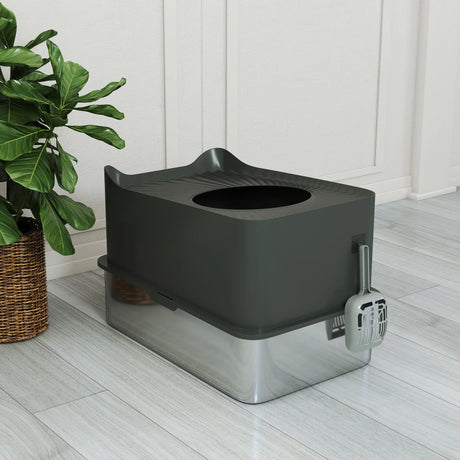 PawHut Stainless Steel Cat Litter Tray, Extra Large Enclosed Litter Box with Scoop, Top Entrance, Non-slip Pads, Dark Grey