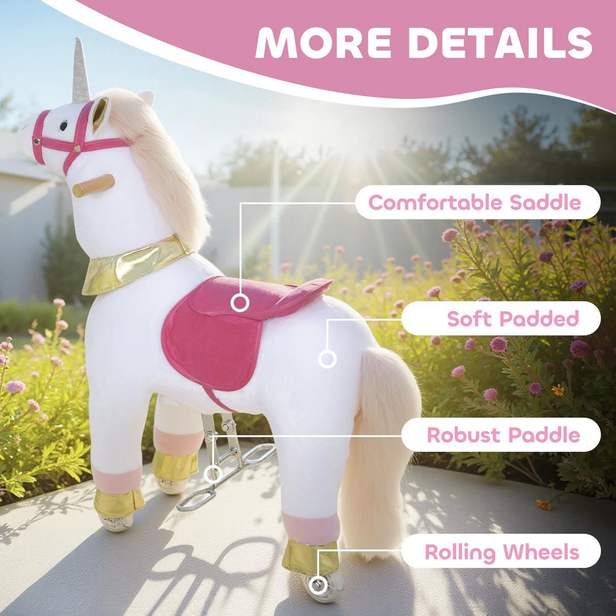 AIYAPLAY Kids Rocking Horse, Plush Walking Horse with Wheels, Ride On Unicorn Toy for Ages 3-5 Years Old, White