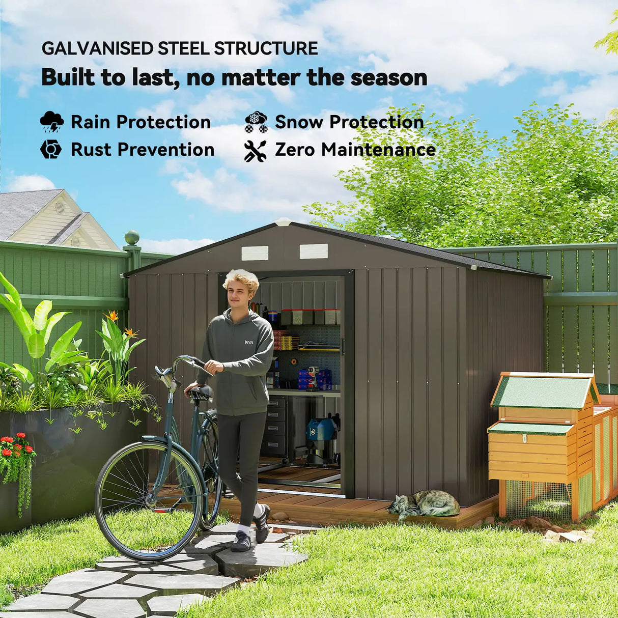 Outsunny 9 x 6ft Metal Garden Shed, Outdoor Storage Tool House with Ventilation Slots, Foundation Kit and Lockable Double Doors, Brown