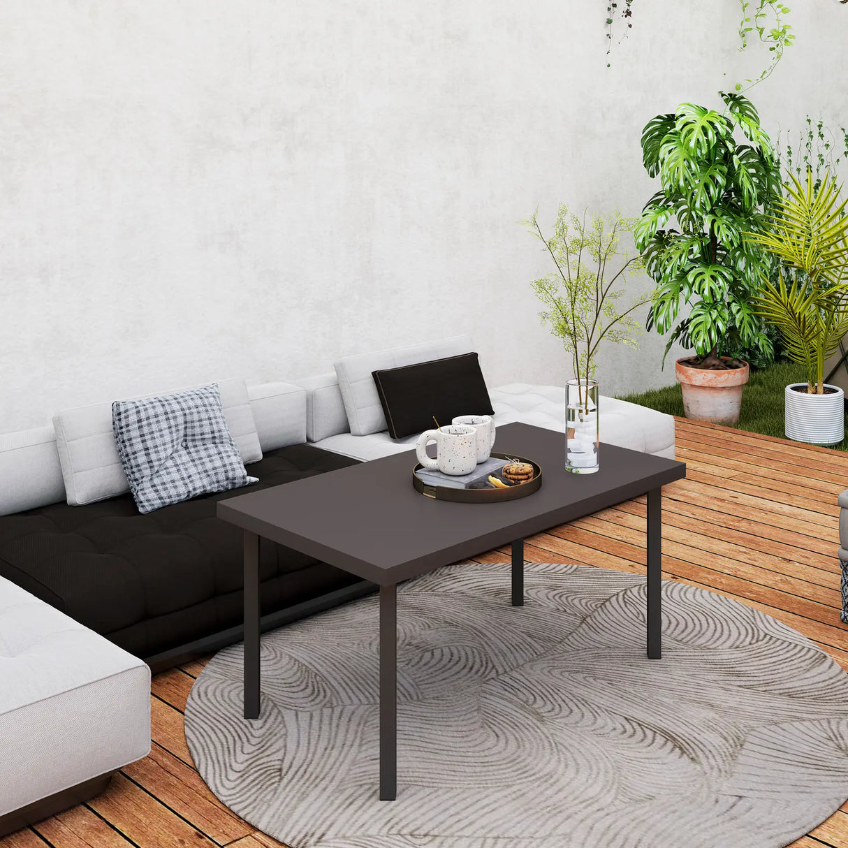 Outsunny Metal Garden Coffee Table, Rectangular Outdoor Side Table with Woodgrain Tabletop, Foot Pads for Outside, Garden, Balcony, Porch, 95 x 55 x 46cm, Brown