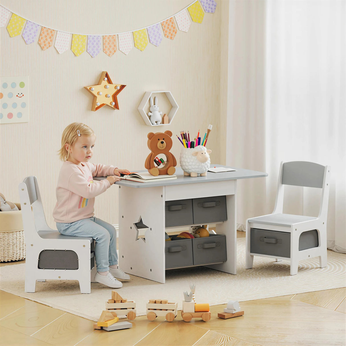AIYAPLAY Kids Table and Chair Set, Toddler Table and 2 Chairs Set with 6 Removable Drawers, for Boys Girls Ages 3-8, Light Grey