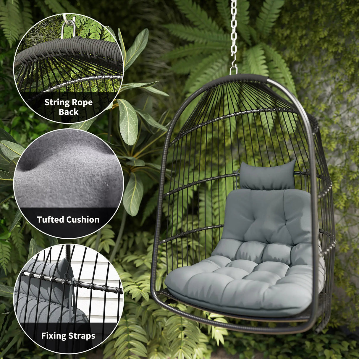 Outsunny Hanging Egg Chair, Foldable Rattan Garden Swing Chair with Installation Kit, Thickened Cushion and Headrest, Indoor Outdoor Hanging Egg Basket Seat for Patio, Porch, Dark Grey