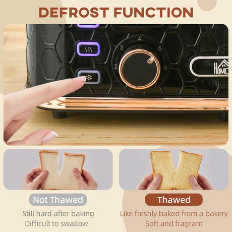 HOMCOM 4 Slice Toaster with 7 Browning Levels, High Lift, Reheat/Defrost/Cancel, Self-centring Function, Removable Crumb Tray, Auto Off, 1600W, Black Honeycomb Texture