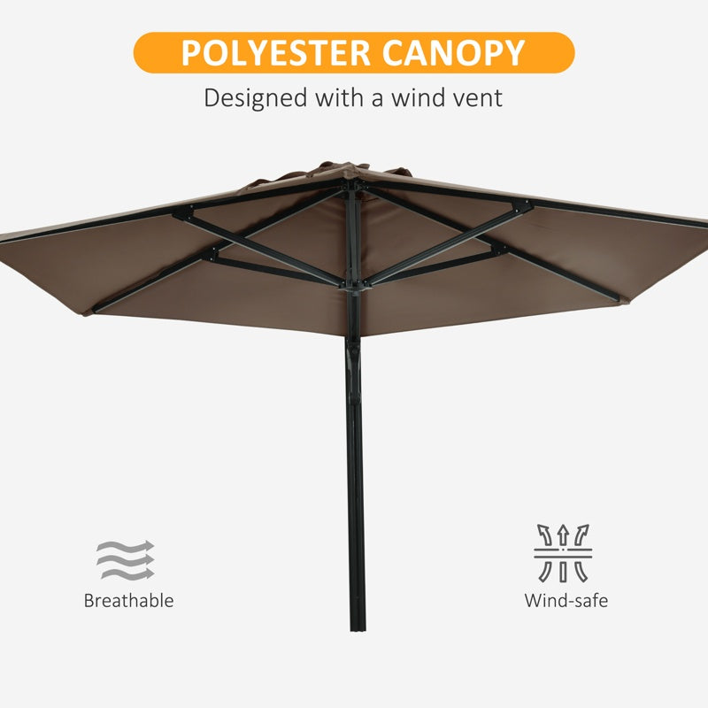 Outsunny 2.5m Wall Mounted Parasol, Hand to Push Outdoor Patio Umbrella with 180 Degree Rotatable Canopy for Porch, Deck, Garden, 250 cm, Khaki