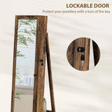 HOMCOM 360 Swivel Jewellery Cabinet, Free Standing Full Length Mirror with Storage, Lockable Jewellery Organiser with Built-in Makeup Mirror and Storage Shelves for Bedroom, Rustic Brown