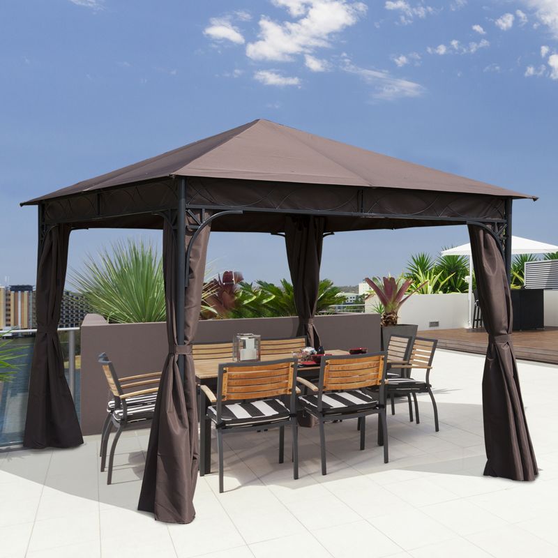 Outsunny 3 x 3(m) Garden Gazebo, Outdoor Gazebo Canopy Shelter with Curtains and Steel Frame for Lawn, Yard and Deck, Coffee