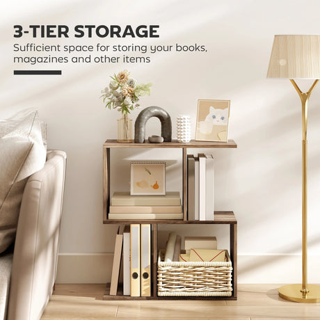 HOMCOM Side Table, Narrow End Table with Storage Shelves, S-Shaped, 3-Tier, 50W x 19.5D x 58H cm, Oak