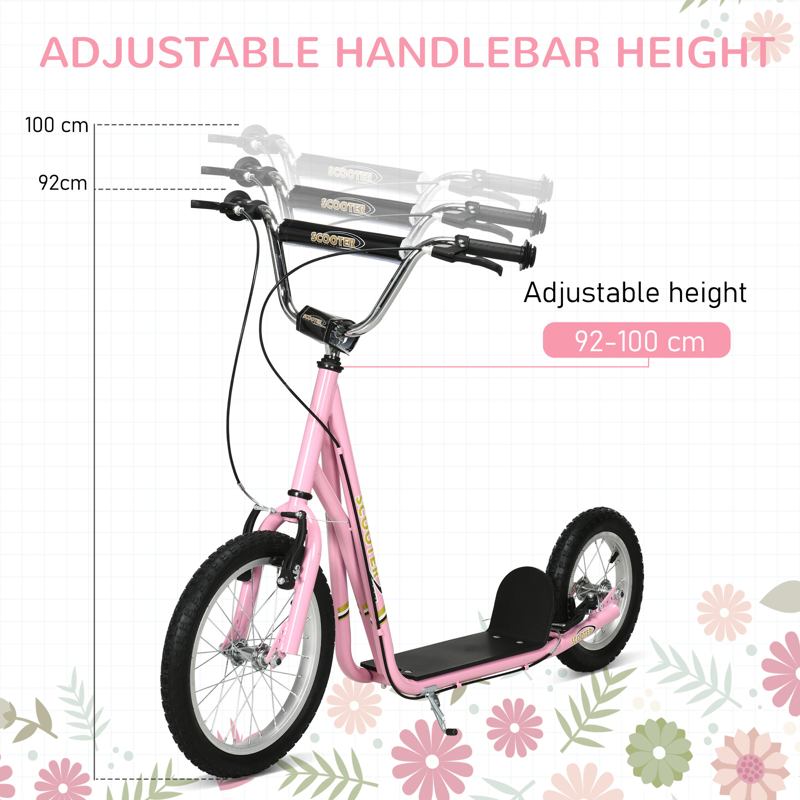 HOMCOM Kids Scooter, Teen Kick Scooter with Rubber Wheels, 16" Front Wheel, Height Adjustable Handlebar, Dual Brakes, Kick Stand, for 5+ Years, Pink