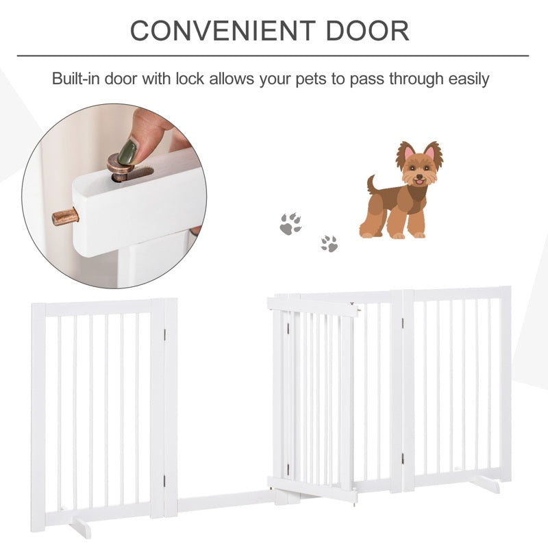 PawHut Freestanding Pet Gate 4 Panels Wooden Dog Safety Fence Foldable with Support Feet for Doorway Stairs 91cm Tall White