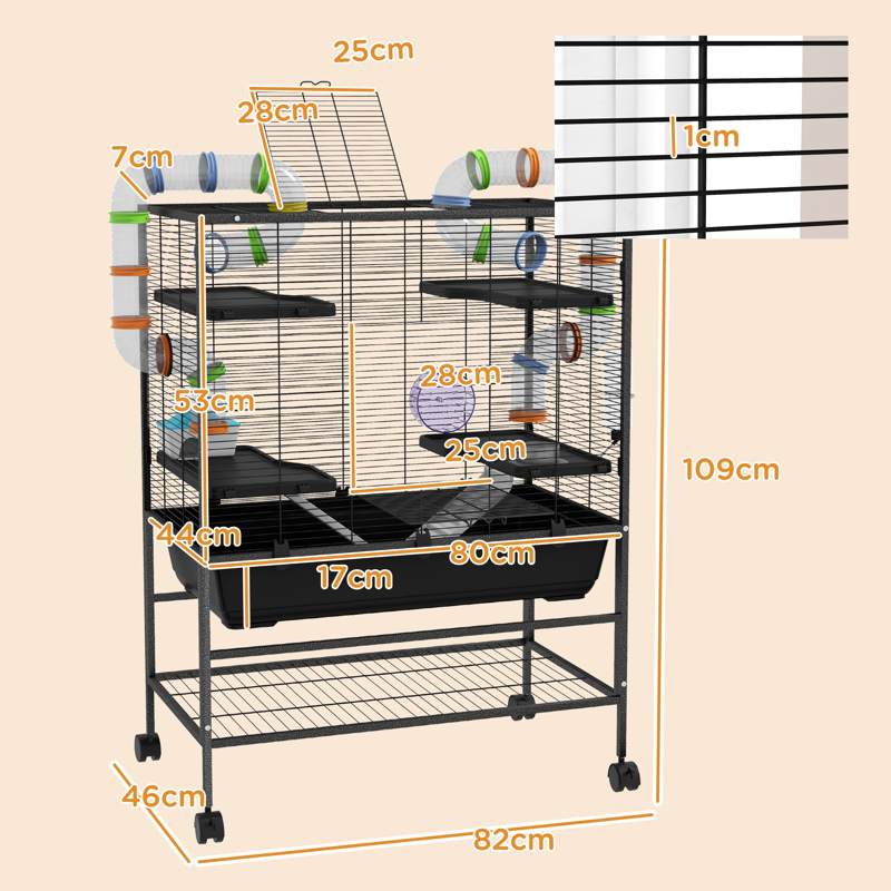 PawHut Large Hamster Cage, Gerbil Cage with Tubes, Storage Shelf, Ramps, Platforms, Running Wheel - Black