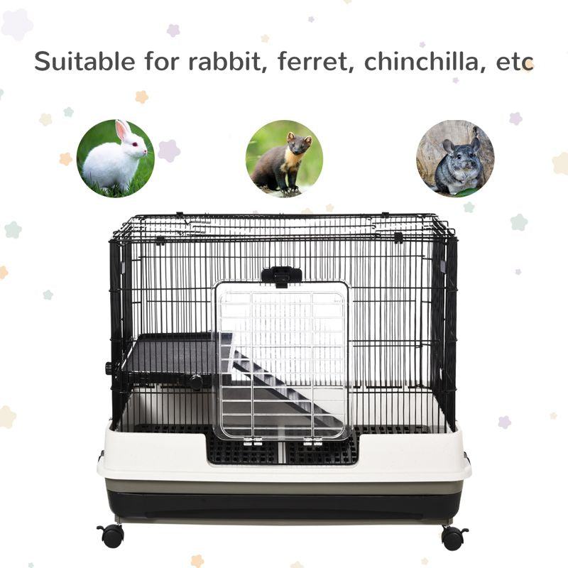 PawHut 2 Tier Rolling Small Animal Rabbit Cage Chinchillas Hutch Pet Play House with Platform Ramp Removable Tray 80 x 52.7 x 66 cm