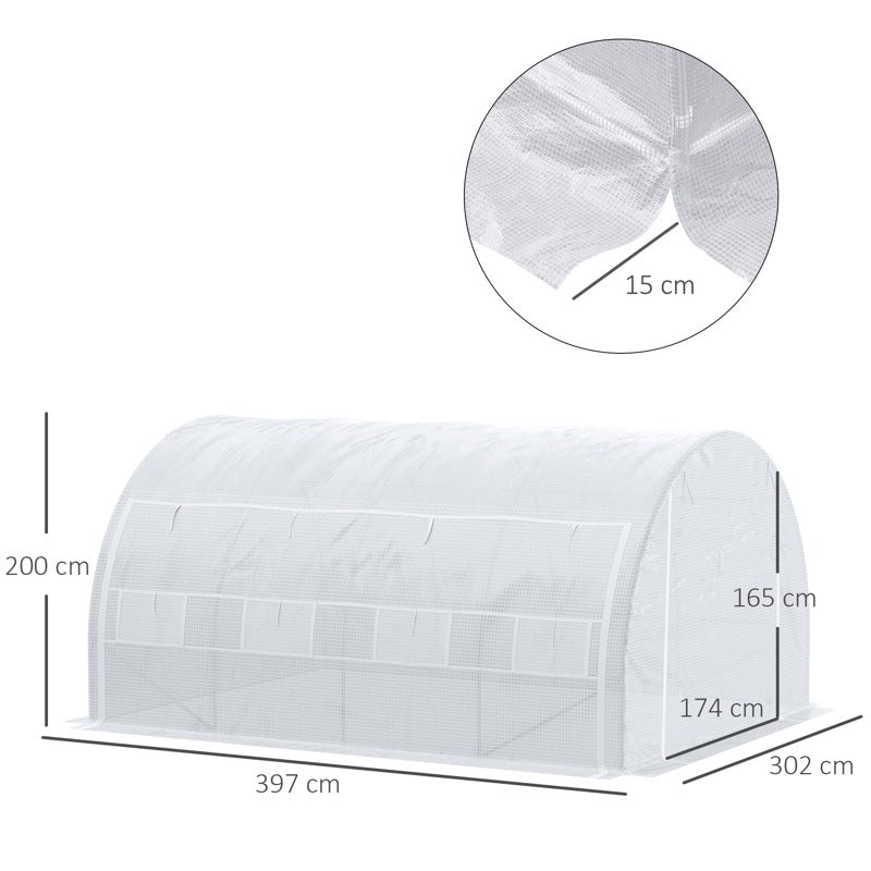 Outsunny 4 x 3 x 2 m Polytunnel Greenhouse with Roll-up Side Walls, Walk-in Grow House Tent with Steel Frame, Reinforced Cover, Zipped Door and 12 Mesh Windows for Garden, White