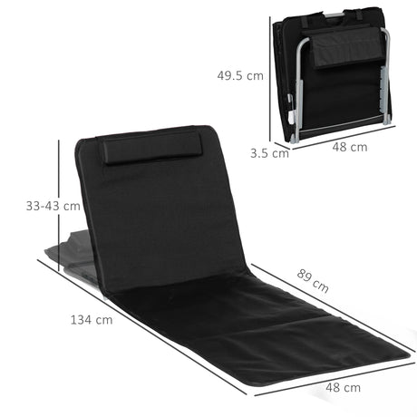 Outsunny Set of 2 Foldable Garden Beach Chair Mat Lightweight Outdoor Sun Lounger Seats Adjustable Back Metal Frame PE Fabric Head Pillow w/ Carry Bag, Black