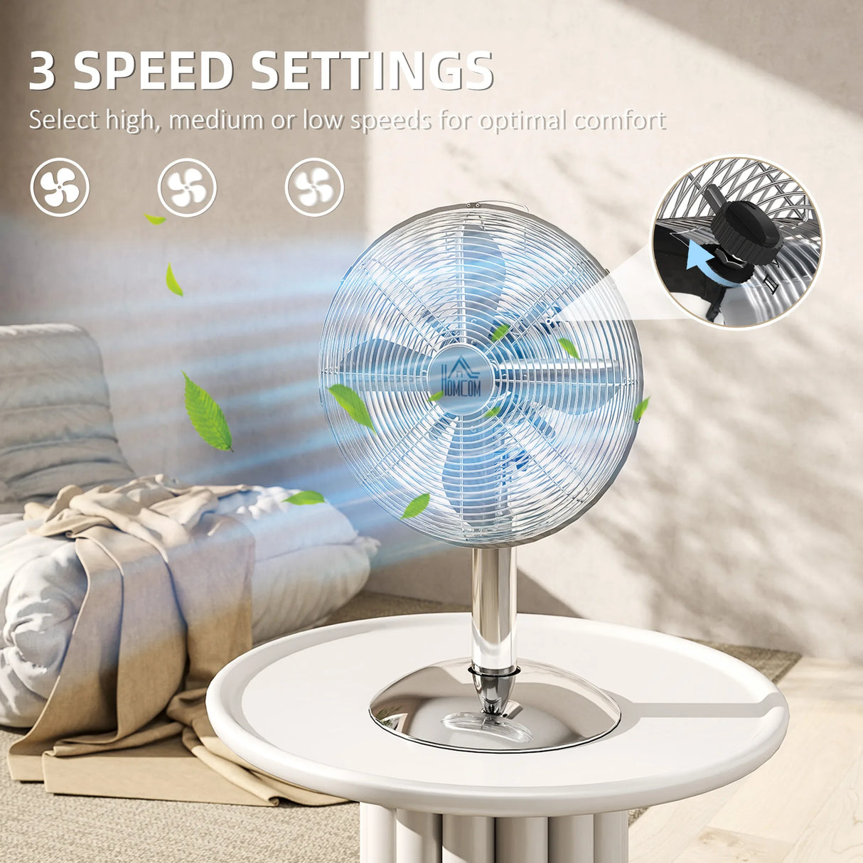 HOMCOM Three-Speed Oscillating Desk Fan - Silver-Tone