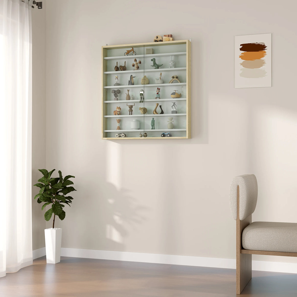 HOMCOM 7-Tier Wall Display Shelf Unit Cabinet w/ 6 Adjustable Shelves Glass Doors Home Office Ornaments 83x80cm, Oak