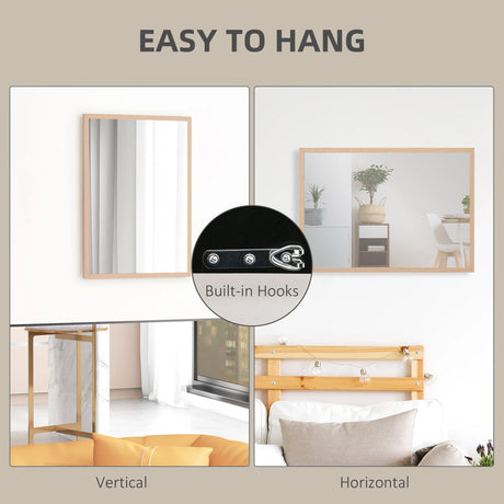 HOMCOM Wall Bathroom Mirror, 70 x 50 cm Wall-Mounted Mirror for Living Room, Bedroom, Hallway, Natural Wood