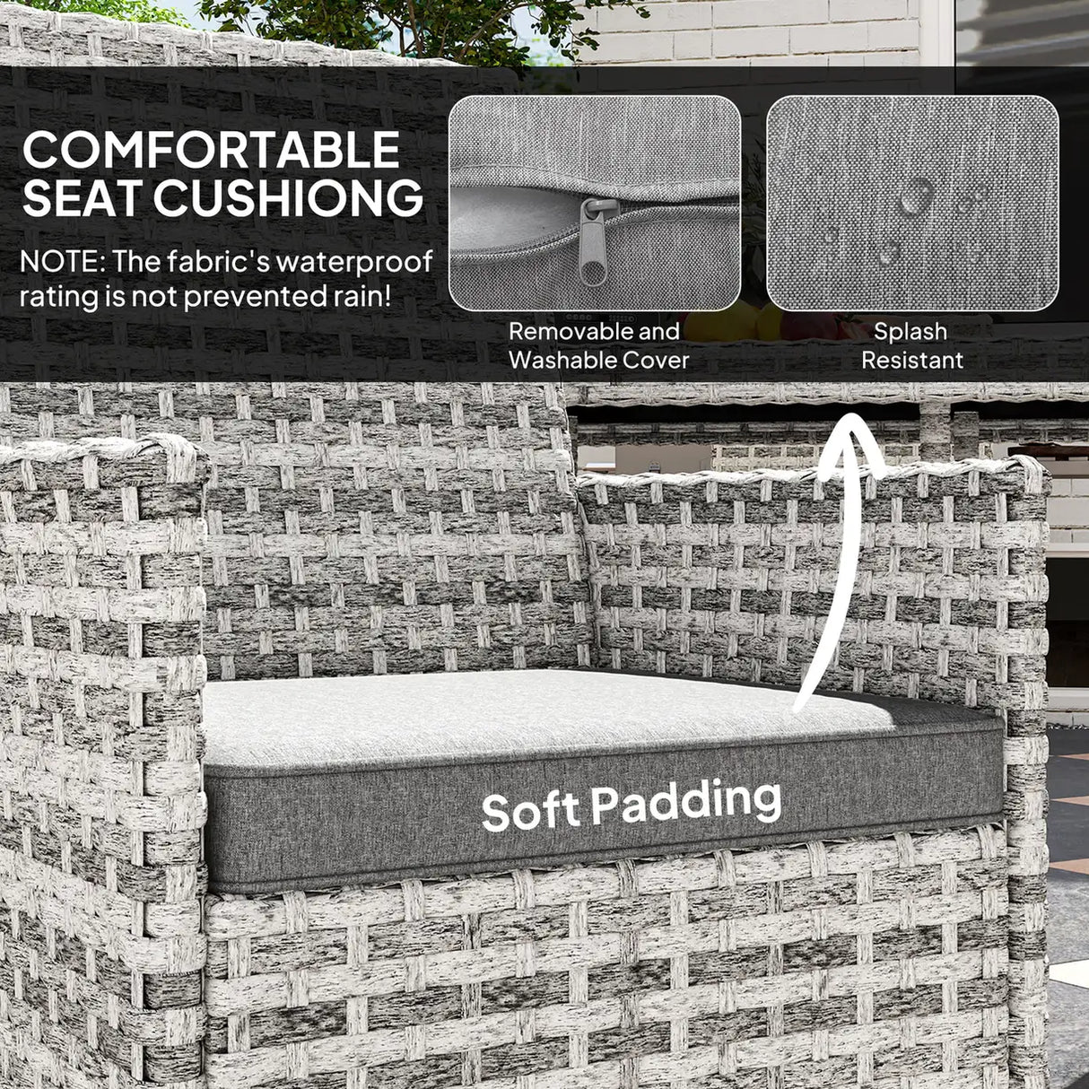 Outsunny Rattan Garden Furniture Set, Outdoor Dining Table and Chairs 4 Seater with Cushions, Square Tempered Glass Top, 4 Armchairs, for Balcony, Terrace, Conservatory, Mixed-Grey