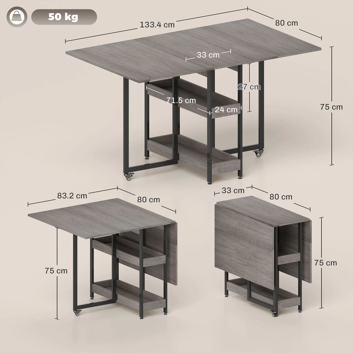 HOMCOM Four-Person Drop Leaf Table - Grey Wood-Effect