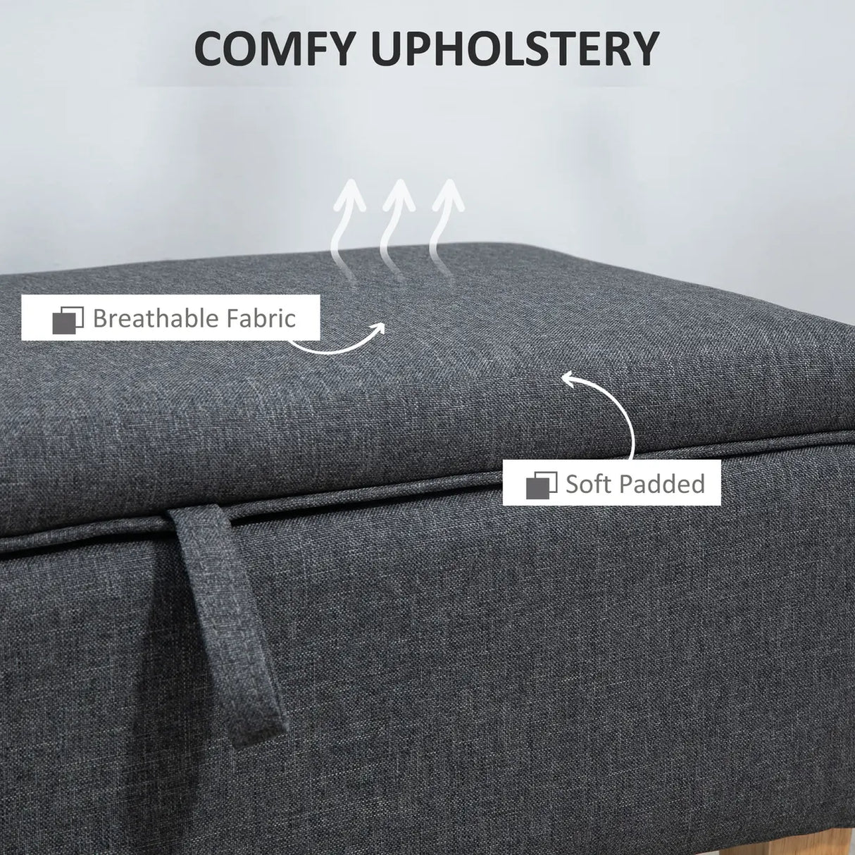 HOMCOM 30L Linen Storage Ottoman Padded Footstool with Rubberwood Legs for Storage Box, Bed End, Shoe Bench, Seating, Dark Grey