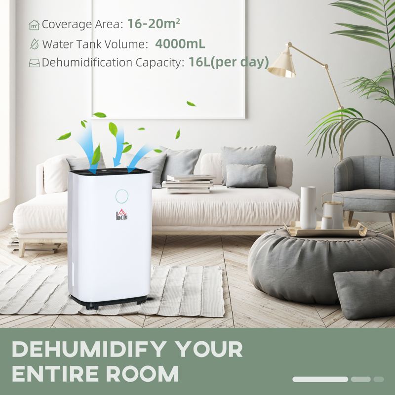 HOMCOM 16L/Day Portable Dehumidifier for Home, with LED Screen, Sleep Mode, 24H Timer, Electric Air Dehumidifier for Damp Laundry Bedroom Basement