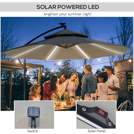 Outsunny 3m LED Light Overhanging Parasol - Grey