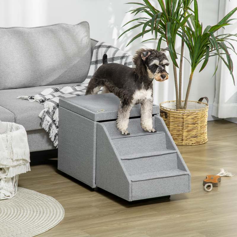 PawHut 2 in 1 Dog Steps Ottoman, Four-Tier Pet Stairs, for Small, Medium Dogs and Cats, with Storage Compartment - Grey