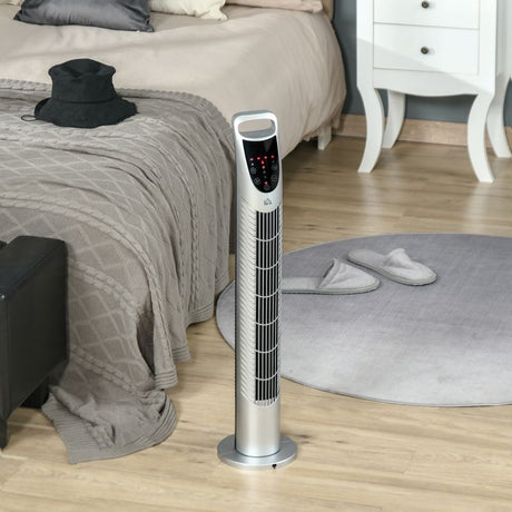 HOMCOM 31" Oscillating Tower Fan with Remote Control, 7.5H Timer, 3 Speed 3 Modes, Electric Floor Standing Cooling Fan for Home Bedroom Office, Silver