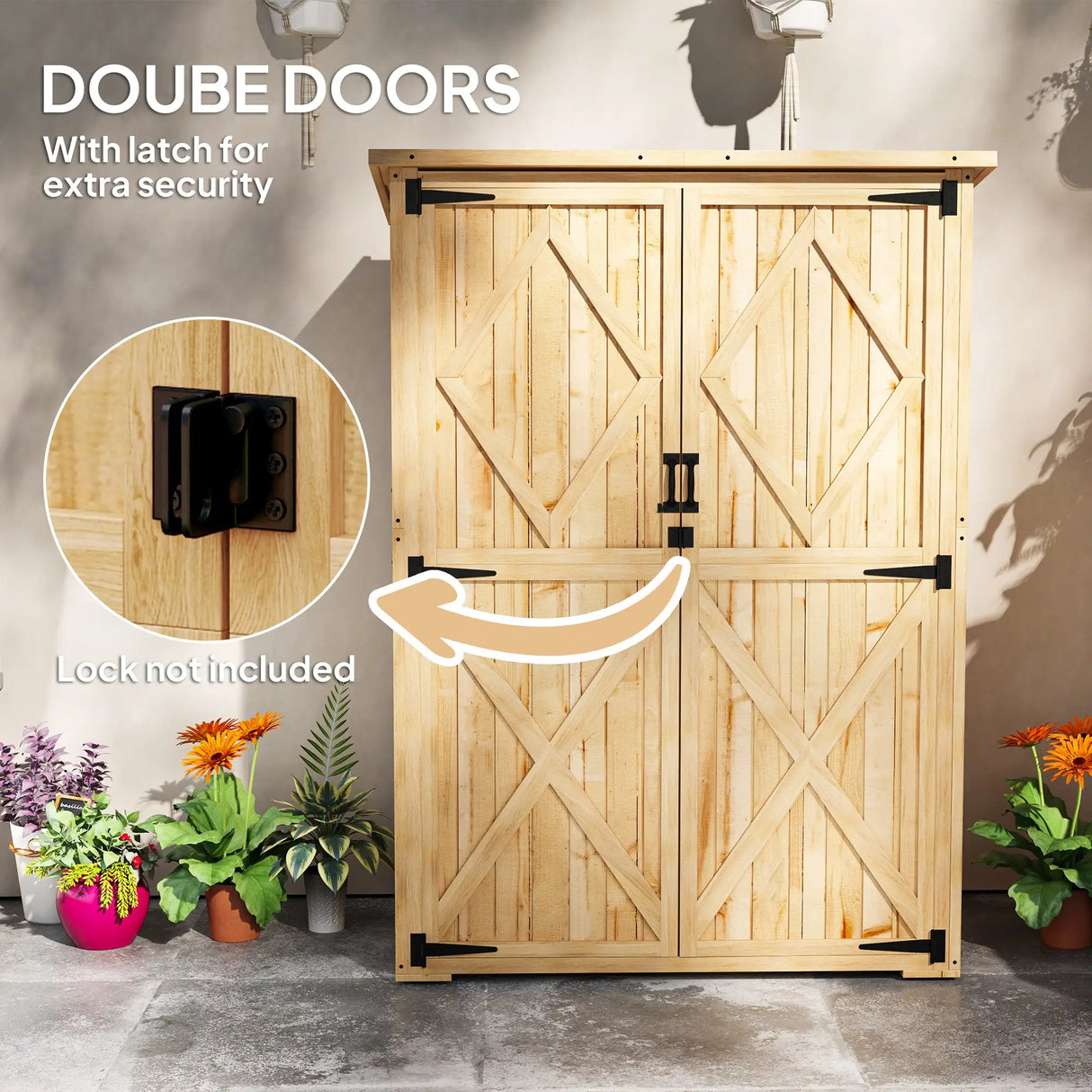 Outsunny Wooden Garden Storage Shed, Tool Storage Cabinet with Asphalt Roof and 2 Shelves for Garden Tools, Equipment, Outdoor Tool Shed with Double Doors, Natural